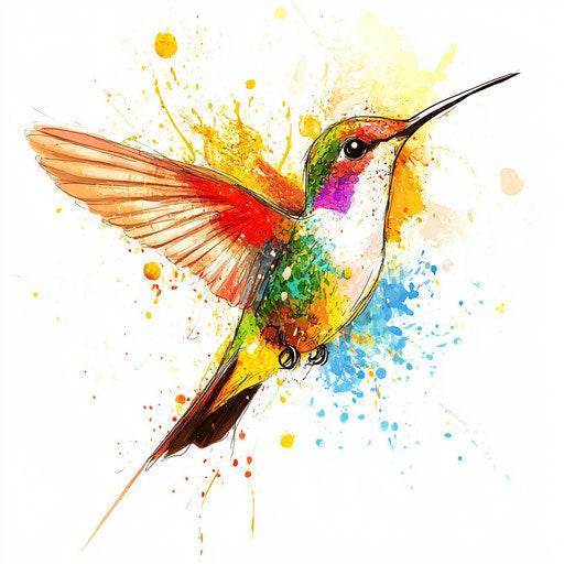 Flat tattoo sketch of a hummingbird with watercolor splashes