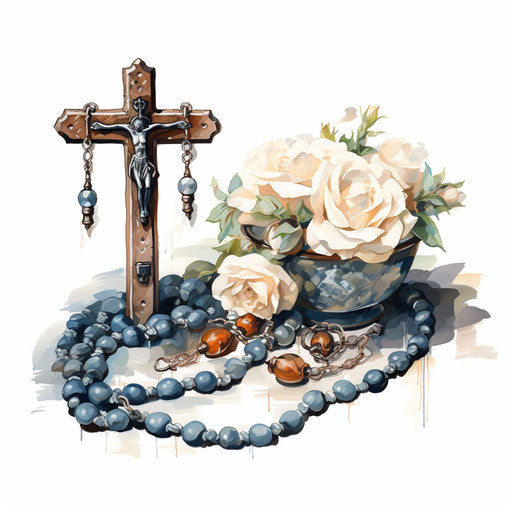 Rosary illustration in the style of Oil painting, on white background