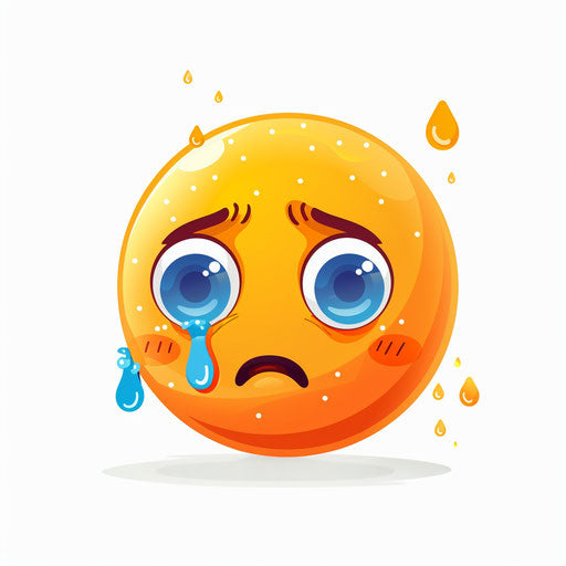 Sad orange emoji with blue water drops