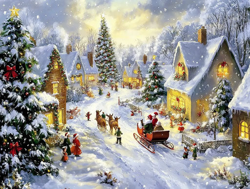Winter village with children playing in the snow