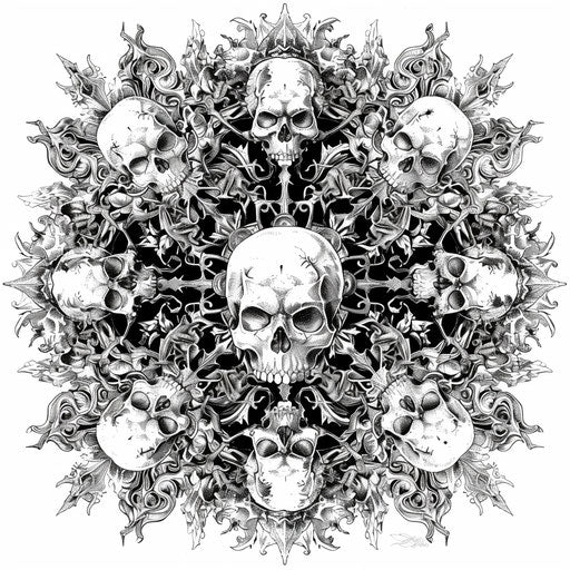Intricate gothic mandala, blending elements of skulls, roses, and thorns, rich in detail and contrast, on a clean white background.