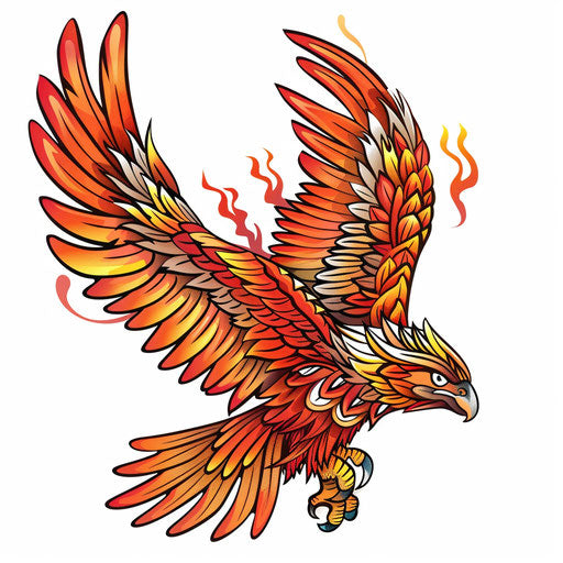 Vibrant flat tattoo sketch of a Mexican eagle with fiery orange and yellow feathers, clipart style