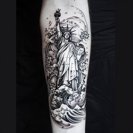 Japanese Irezumi style tattoo sketch of the Statue of Liberty with waves and cherry blossoms