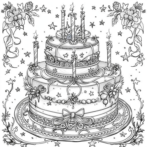 Enchanted birthday cake in coloring book style