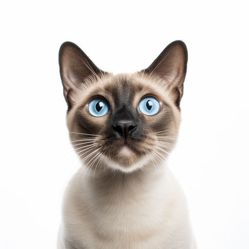 Siamese cat looking straight ahead on white background, fujifilm c200 style