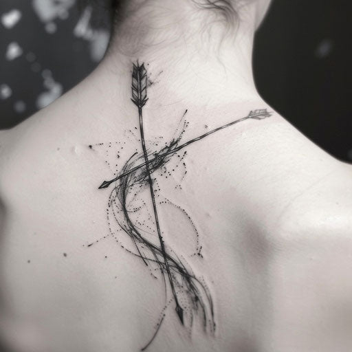 Sporty arrow tattoo, symbolizing speed and precision, streaking dynamically across a white canvas.