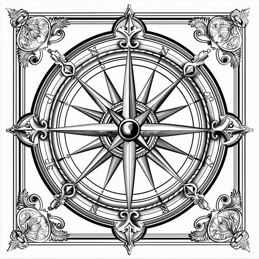 Detailed compass rose with ornate designs. Coloring book page