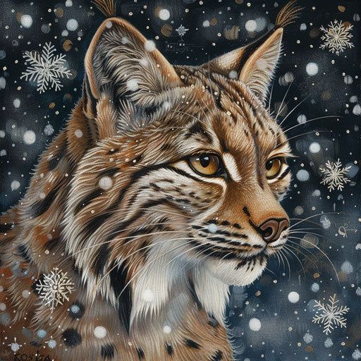 A lynx in a light snowfall, snowflakes decorating its fur