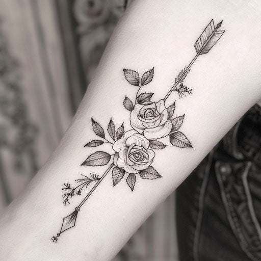 Floral arrow tattoo, intertwining roses and leaves