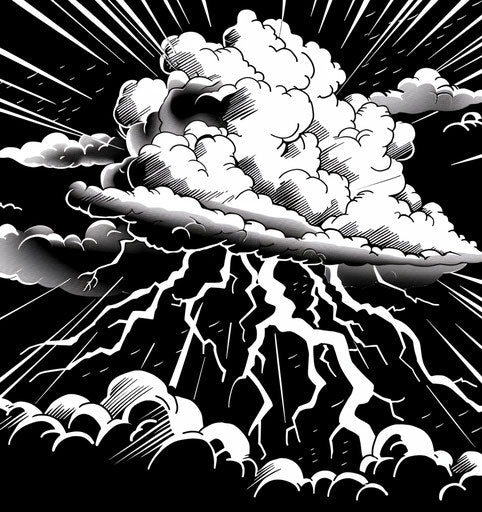 Storm clouds and lightning in retro black, comic/cartoon style, soggy 15:16