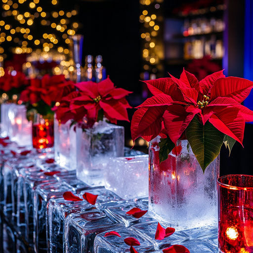 Festive cocktail party with poinsettias integrated into bar decor