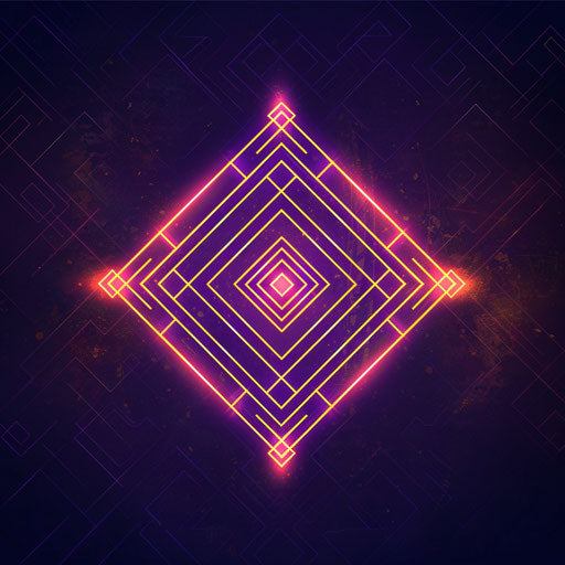 Neon logo with geometric patterns and elegant neon lines, in gold and purple on dark background