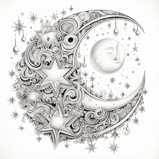 A moon and stars in an artfully detailed coloring page