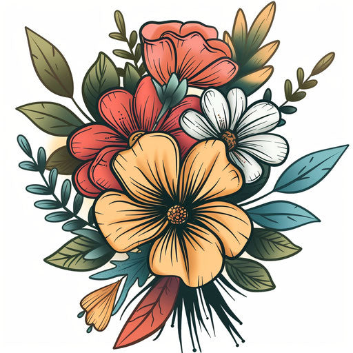 Retro flower bouquet tattoo sketch, 1960s-inspired