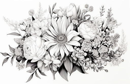 Bouquet of flowers and leaves tied, intricate pen style, monochrome
