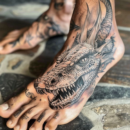 Foot tattoos in the style of Glenn Fabry with a realistic dragon