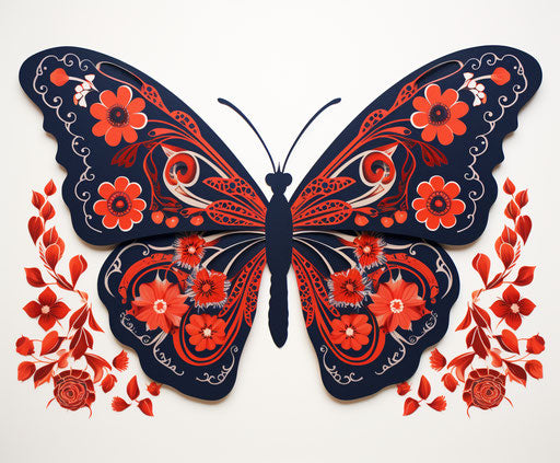 Black butterfly with black and red flowers