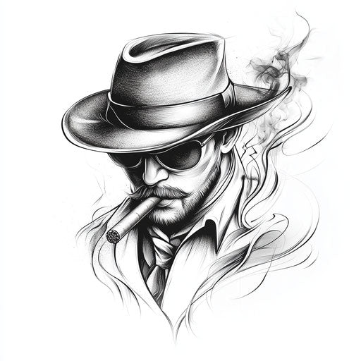 Mafia tattoo sketch with fedora hat and smoking cigar