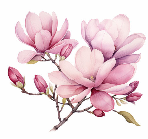 Watercolor magnolia flowers, zen minimalism style, light magenta and crimson