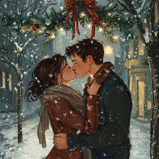 Kiss under mistletoe in snowy park