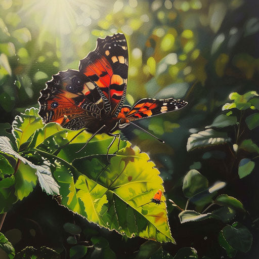 Red admiral butterfly on lush green leaf