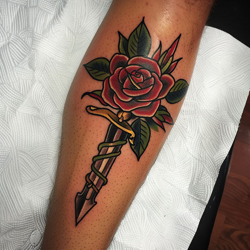 Rose tattoos for men in the style of Sailor Jerry featuring a rose and dagger