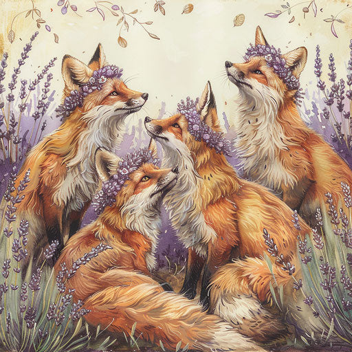 Foxes in flower crowns playing in lavender meadow