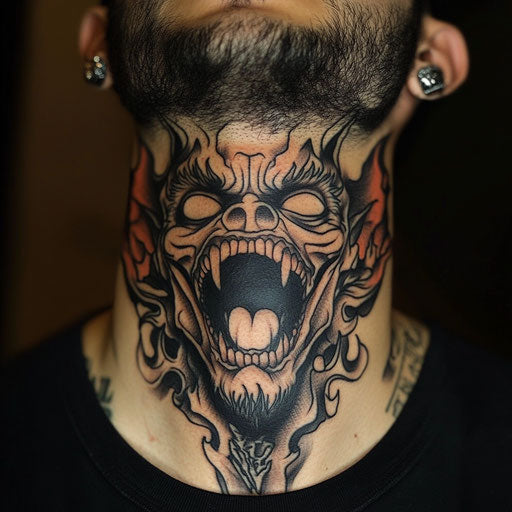 Men's throat tattoos with demon face and flames