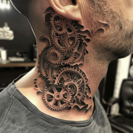 Men's neck tattoo with intricate mechanical gears
