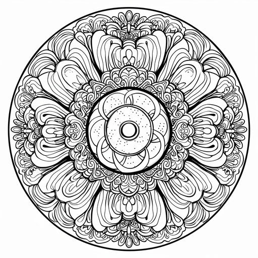 A close-up of a donut with intricate patterns and line work. Coloring book page