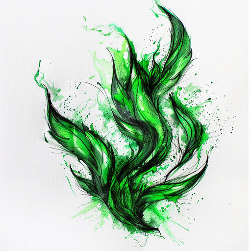 Eco-friendly fire tattoo, green flames symbolizing bioenergy