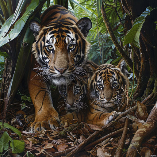 Sumatran tiger mother teaching cubs to hunt