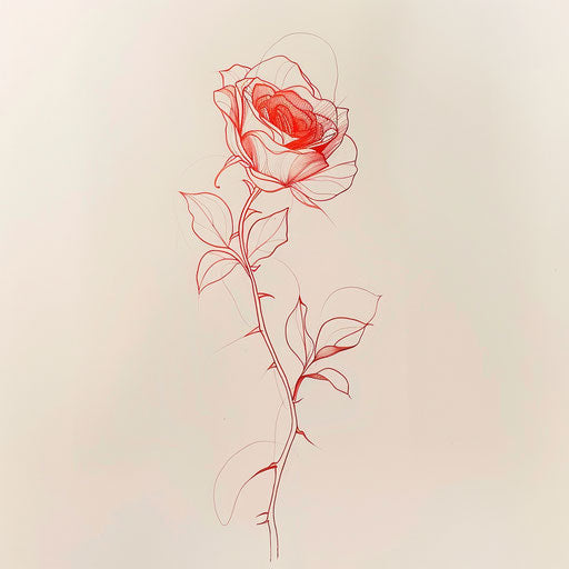 Minimalist tattoo sketch of a red rose with single continuous line and subtle gradient