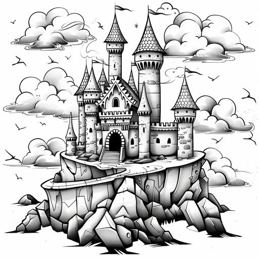 Castle on hill with drifting clouds in monochrome