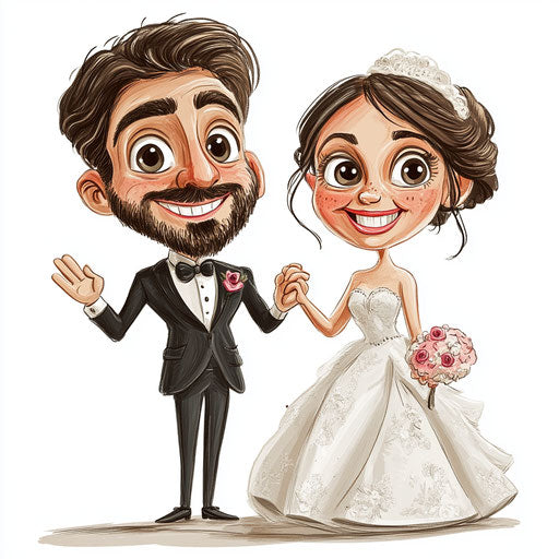 Humorous caricature of a wedding couple clipart with human characteristics, exaggerated bushy eyebrows, expressive hands, soft lighting, vibrant colors, cartoon style, waving, high resolution, no background, isolated