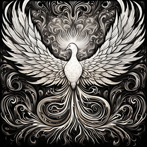 Black and white depiction of a phoenix on detailed backdrop