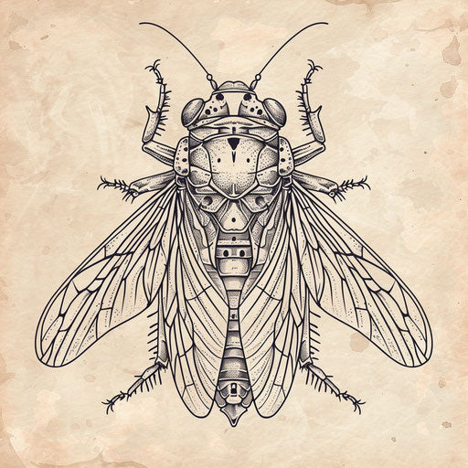 Elegant tattoo sketch of a cicada with intricate line work and subtle shading, clipart style