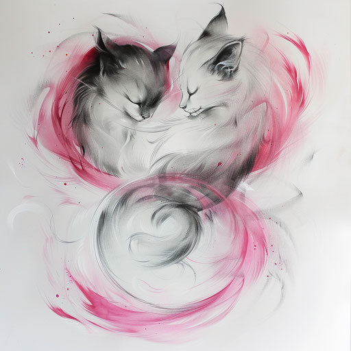 Romantic tattoo sketch of two cats with intertwined tails, soft pink and white colors