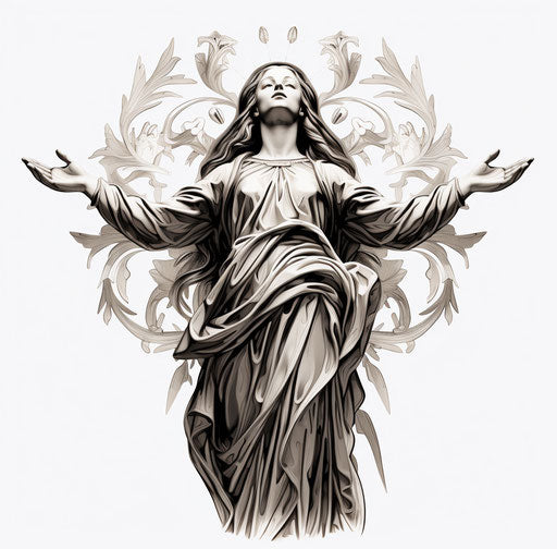 Mary with open arms, geometric black and white drawing