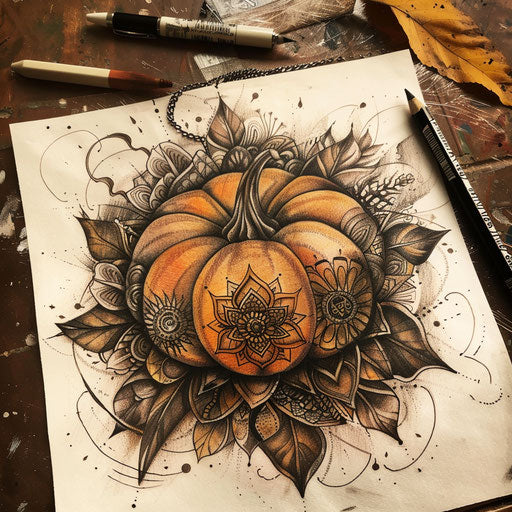 Zen-inspired tattoo sketch of a pumpkin with mandala patterns in earth tones