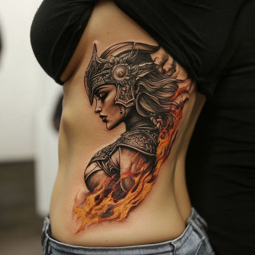 Rib tattoos women warrior spirit emerging flames Peter Jackson style