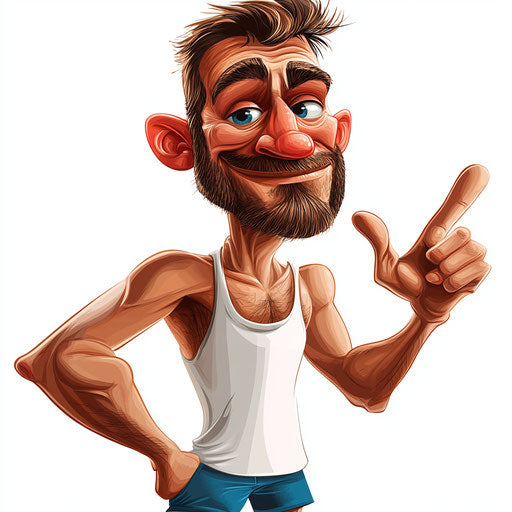 Humorous caricature of a pensive caricature clipart with human traits, exaggerated rosy cheeks, muscular arms, waving, vibrant colors, cartoon style