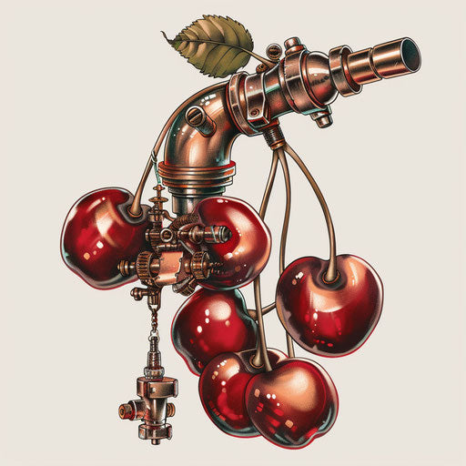 Steampunk cherry tattoo with mechanical elements and copper-toned cherries