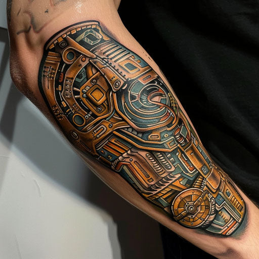 Biomechanical circuit elbow tattoo, Aitchison style