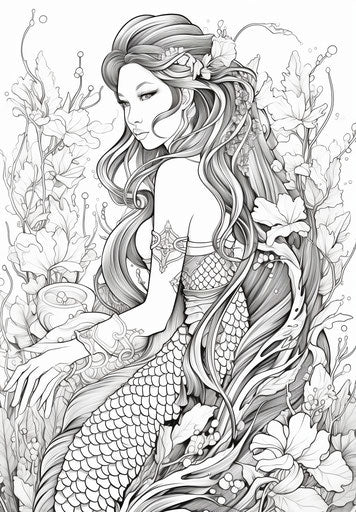 Coloring pages of a mermaid holding her tail, oriental style, pensive poses, detailed foliage, pseudo-realistic, exotic