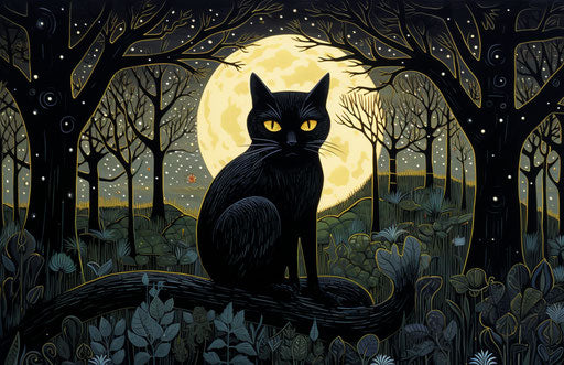 Large black cat on stump, poignant, wiccan 17:11