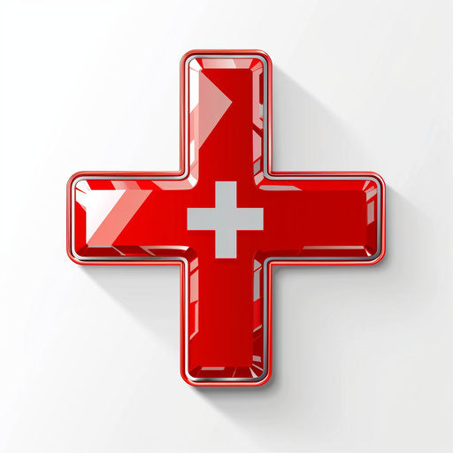Red cross clipart in photo realistic style with a flat random background, glossy finish and sharp outlines
