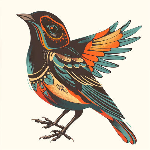 Vintage blackbird tattoo sketch, flat clipart style with orange and teal colors