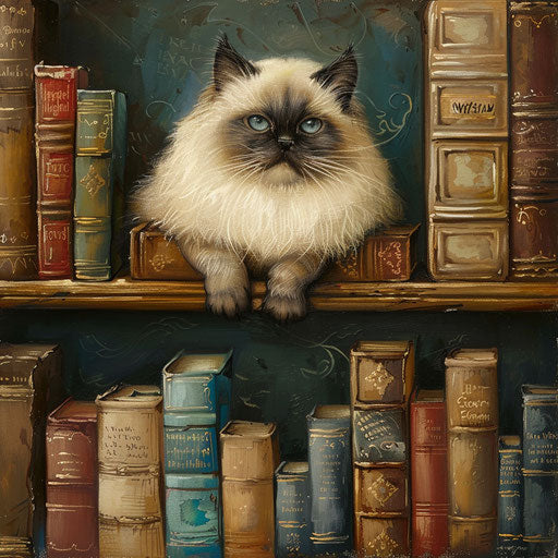 Himalayan cat perched on a bookshelf, surrounded by books