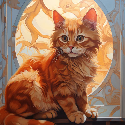 Orange kitten on window seat, light maroon and gold style, delicate markings